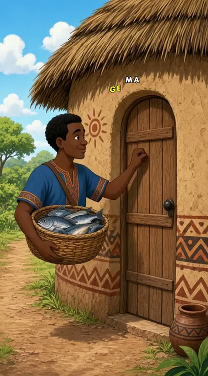 An African man knocks on my African hut door he is carrying… — AI cartoon
