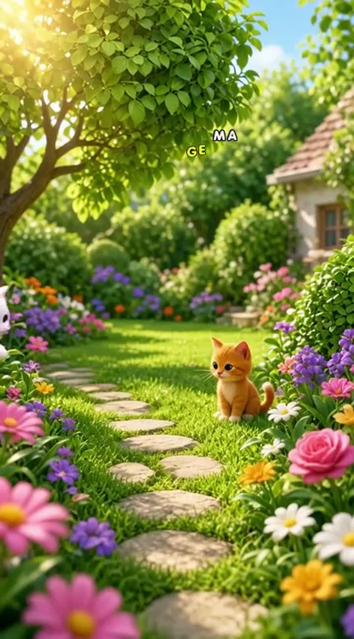 Cute 3D cartoon video of a little orange cat playing with a small… — AI cartoon