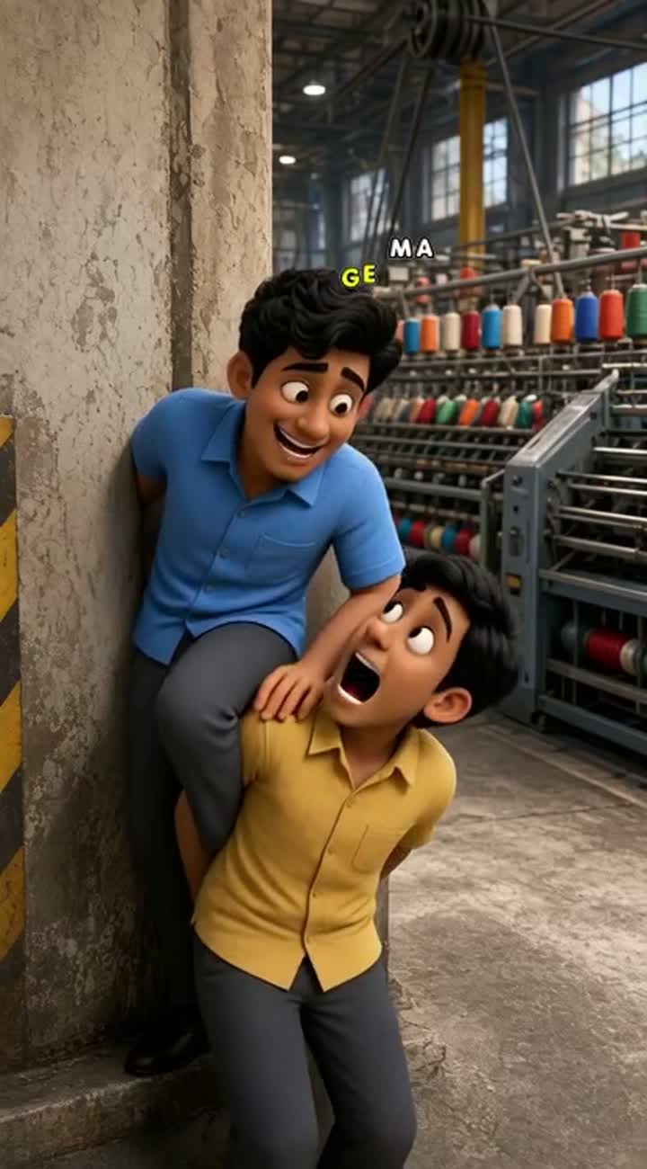3D cartoon comedy video set entirely inside a textile mill — AI cartoon