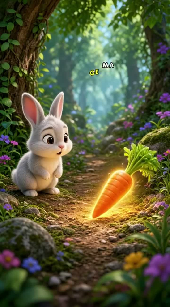 A cute little rabbit finds a magical carrot in a colorful forest — AI cartoon