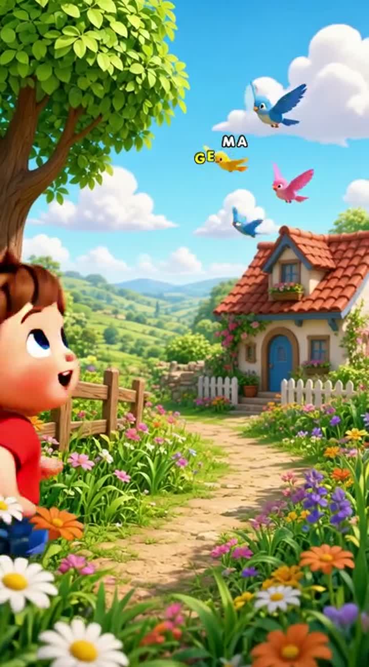 Cute 3D cartoon of a little boy and a playful cat in a sunny… — AI cartoon