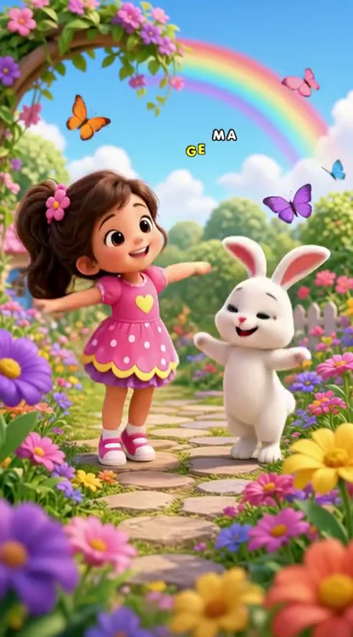 A cute little girl and a happy bunny singing and dancing together… — AI cartoon