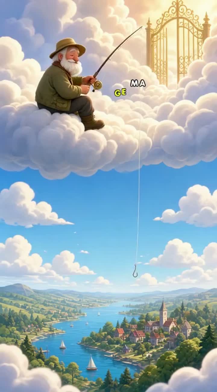Fisherman dies goes to heaven where he fishes from heaven down… — AI cartoon