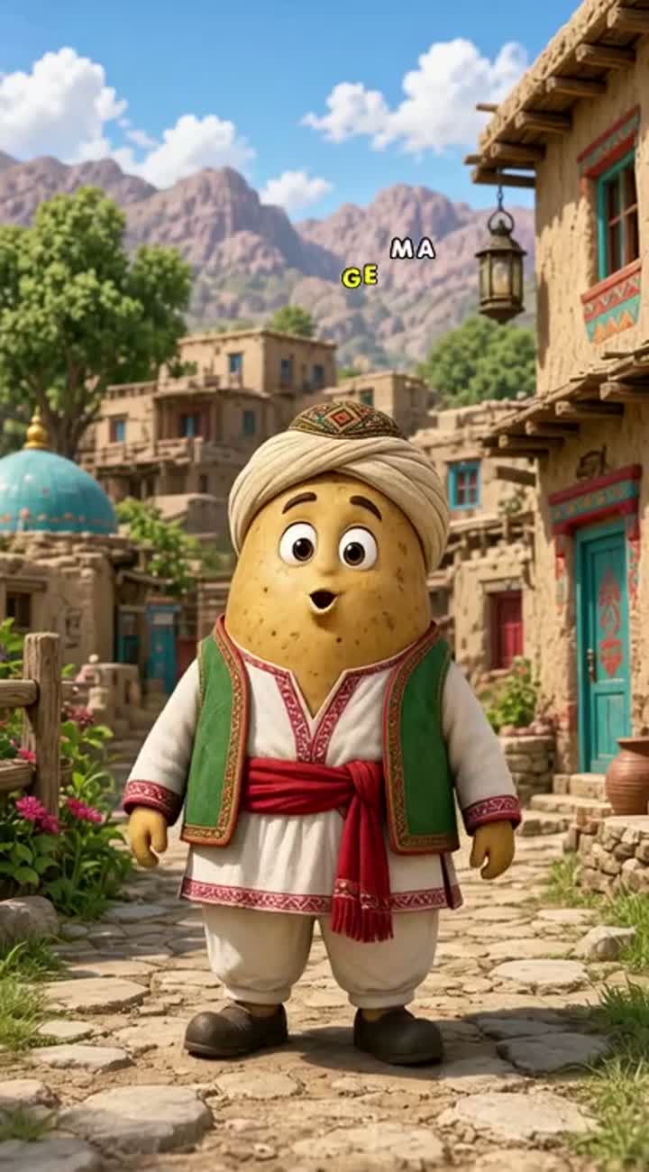 Funny 3D cartoon of a potato wearing traditional Afghan clothes — AI cartoon