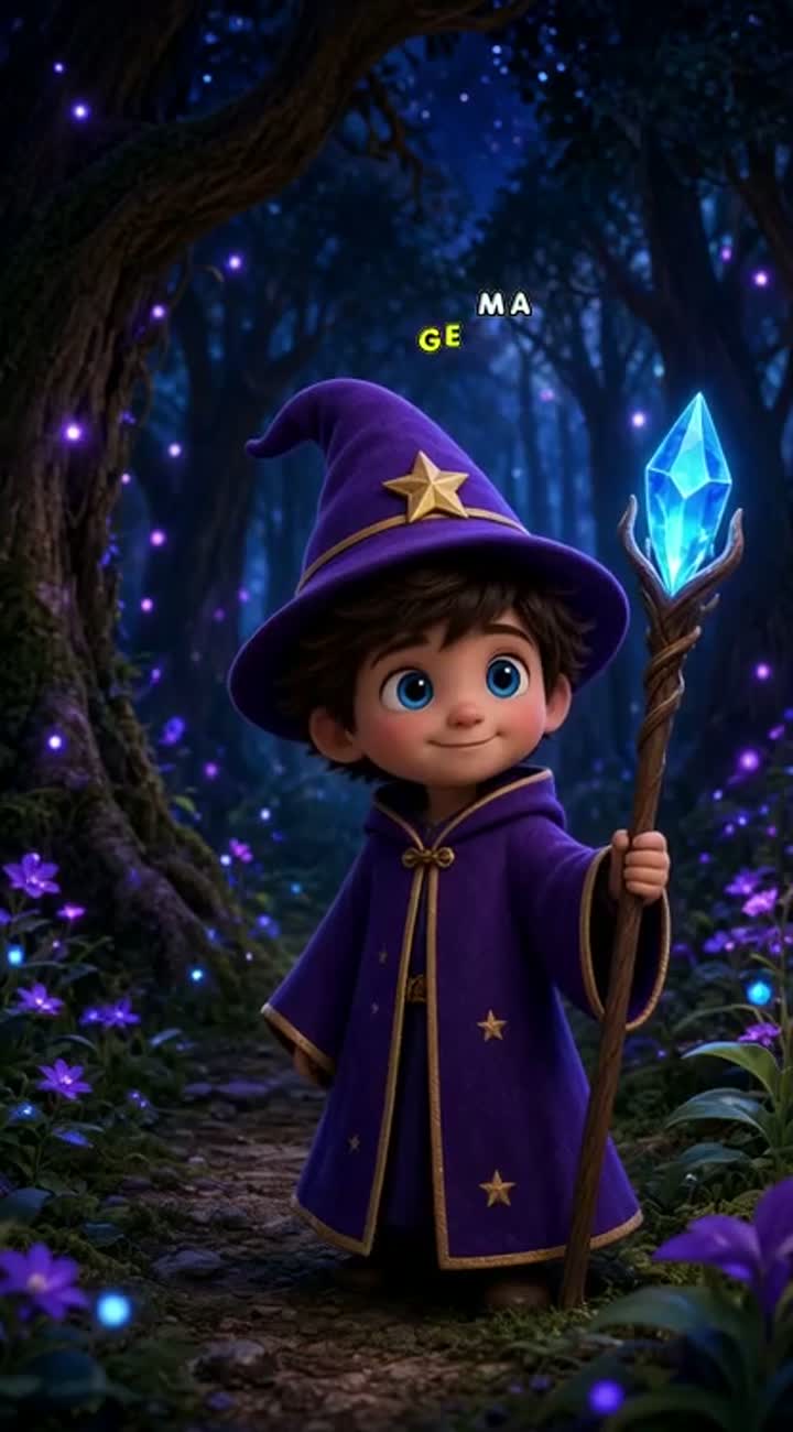 A cute little wizard boy with big blue eyes, a purple robe… — AI cartoon