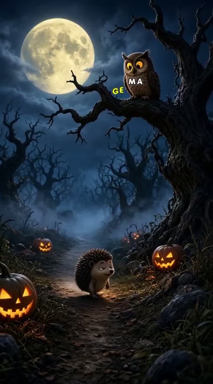 3D animated Halloween dark comedy, cinematic wide shot of a foggy… — AI cartoon