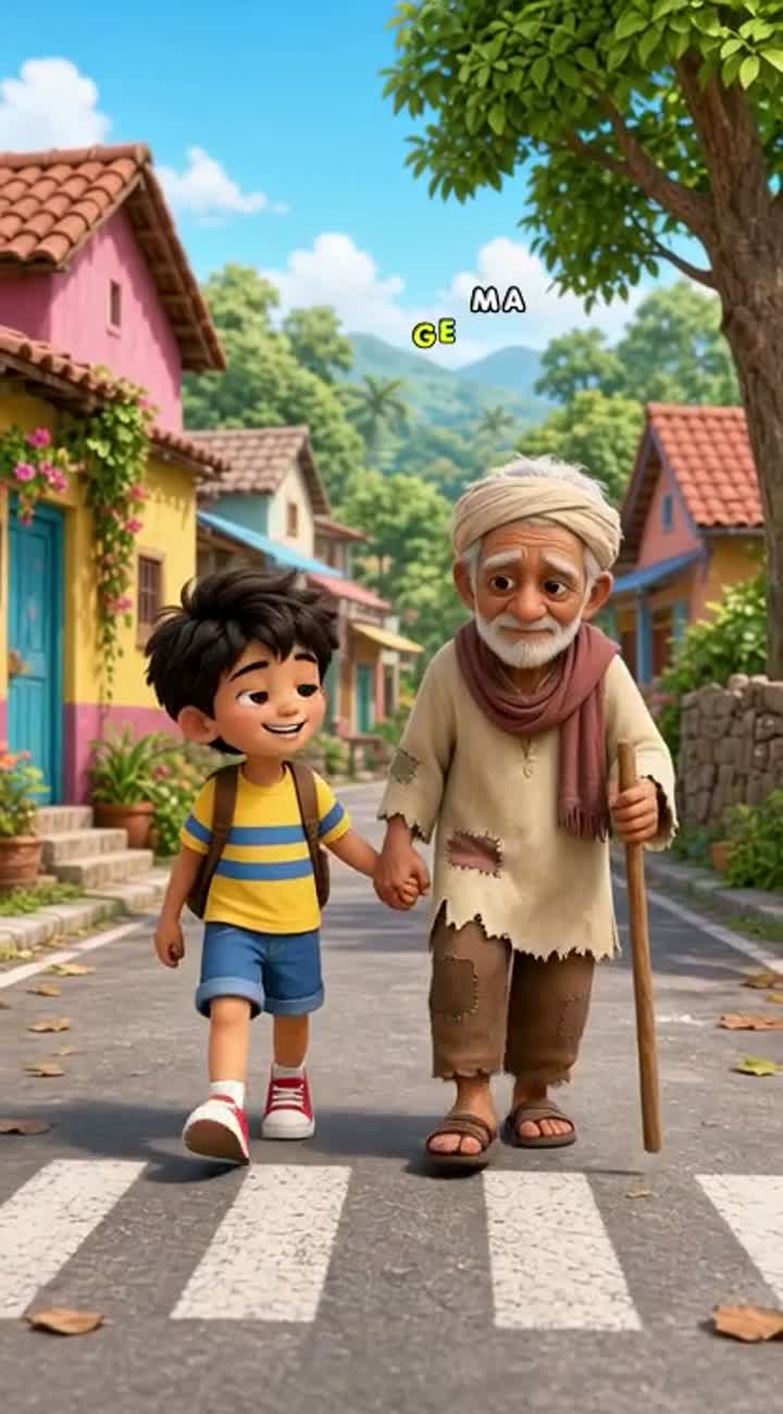 A cute cartoon boy helps a poor old man cross a village road… — AI cartoon