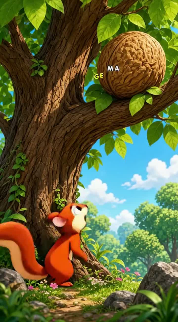 A squirrel sees a very large walnut on a tree and excitedly says… — AI cartoon