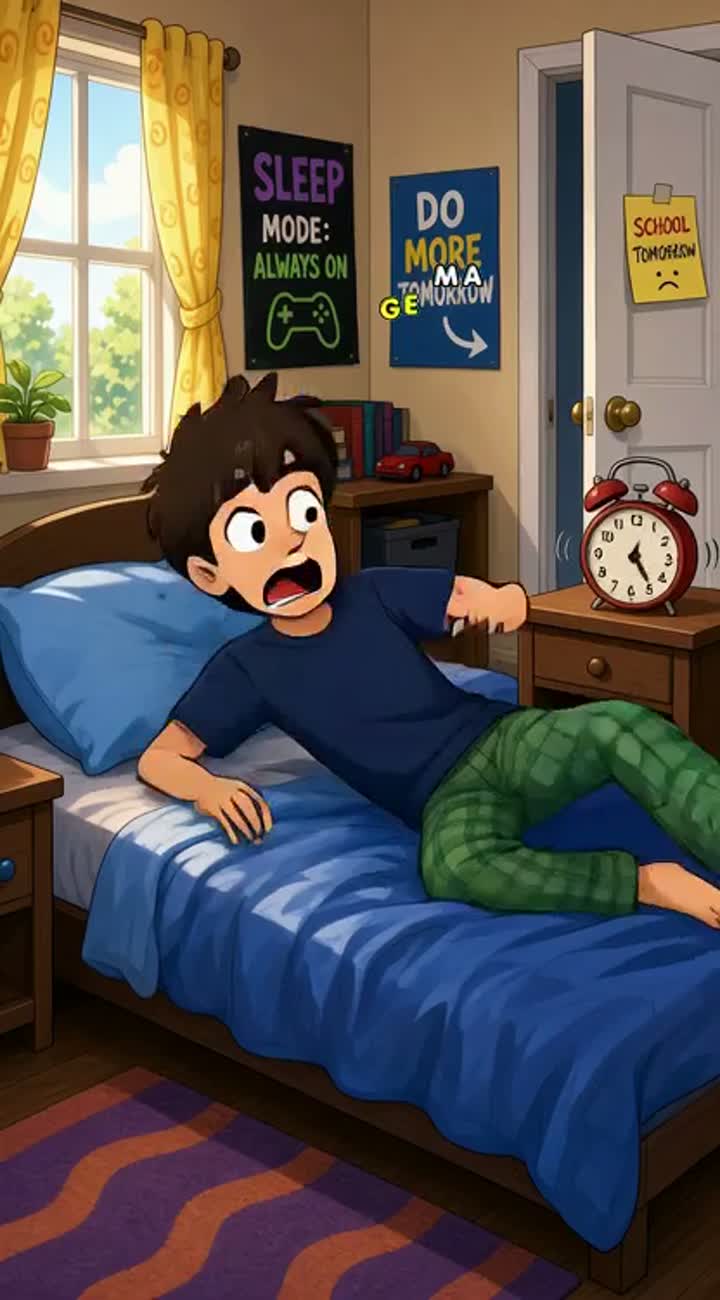 A lazy teenage boy wakes up late for school… — AI cartoon