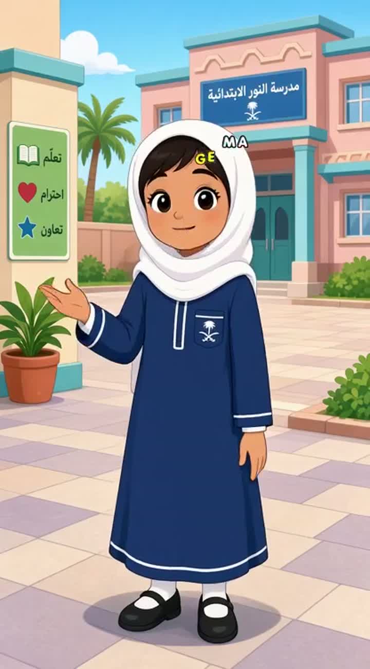 A 2D cartoon Saudi elementary school girl wearing a traditional… — AI cartoon
