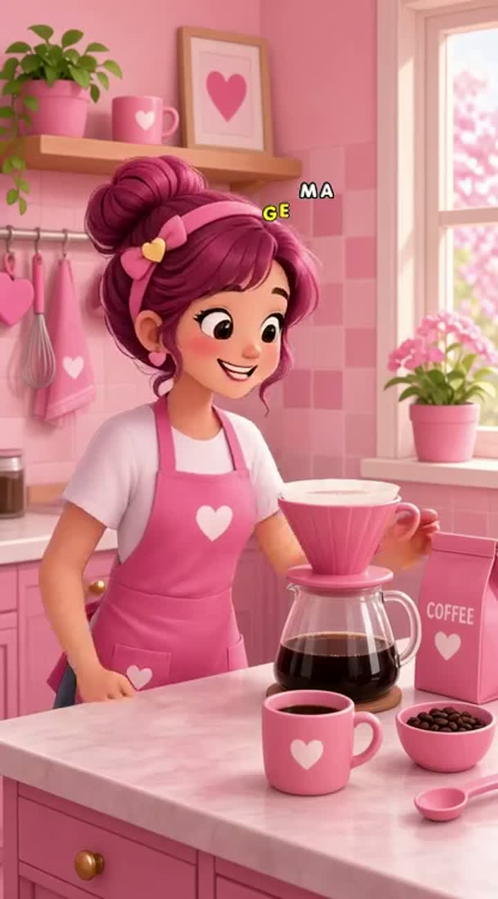 Pink theme girl making coffee step by step — AI cartoon