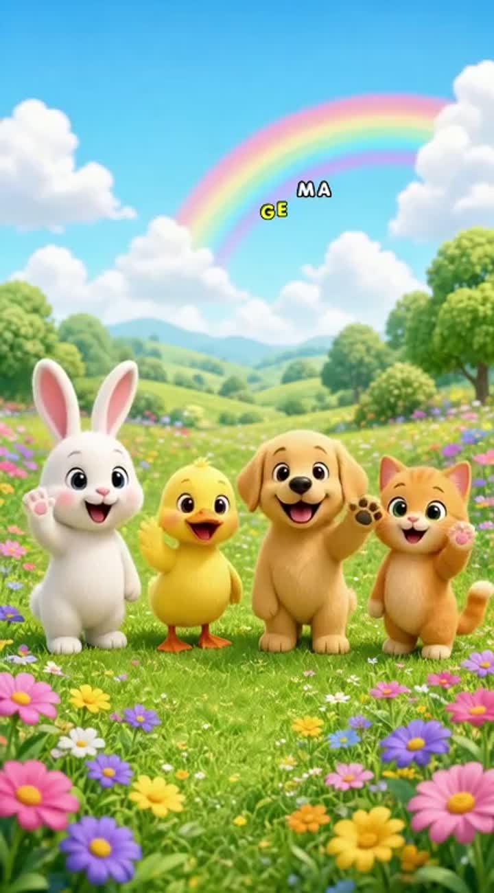 Title": "The Happy Little Animals" — AI cartoon