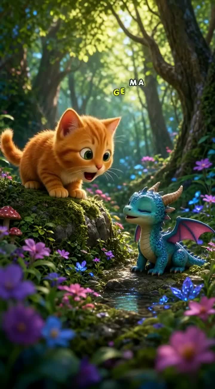 A cute little orange kitten finds a tiny baby dragon in a magical… — AI cartoon
