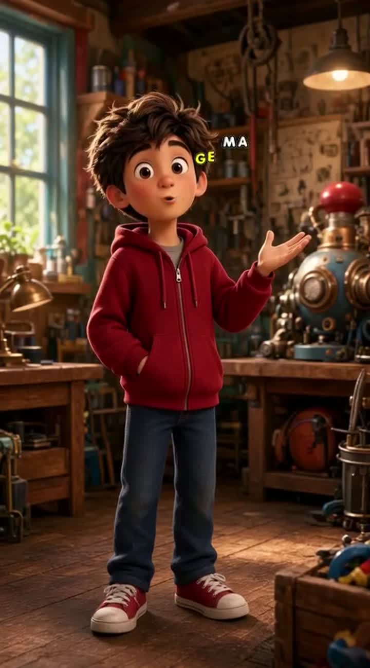 A charming young boy named Alex with messy brown hair… — AI cartoon