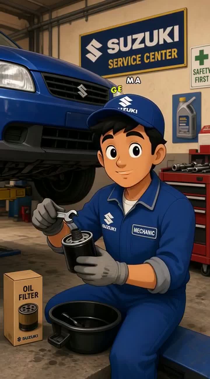 Macanic Suzuki ki wardi mainhoOil filter or oil change kr rha ho — AI cartoon