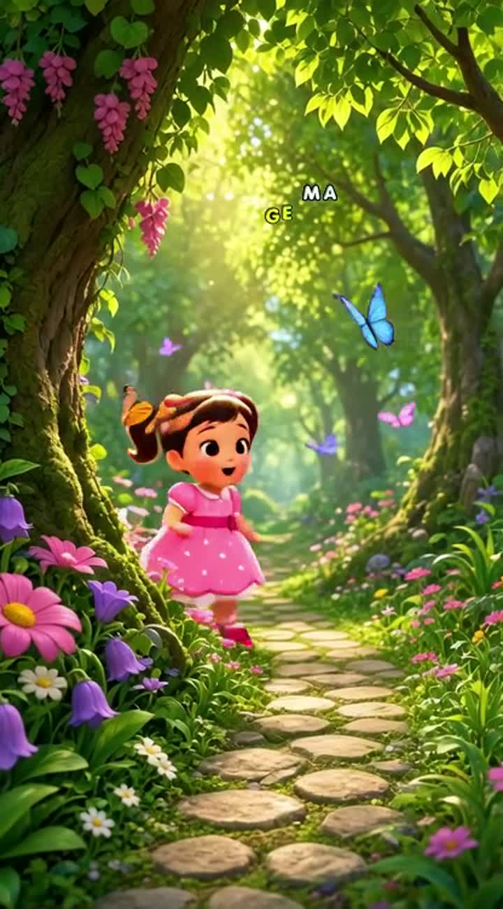 A cute little girl wearing a pink dress walks through a magical… — AI cartoon