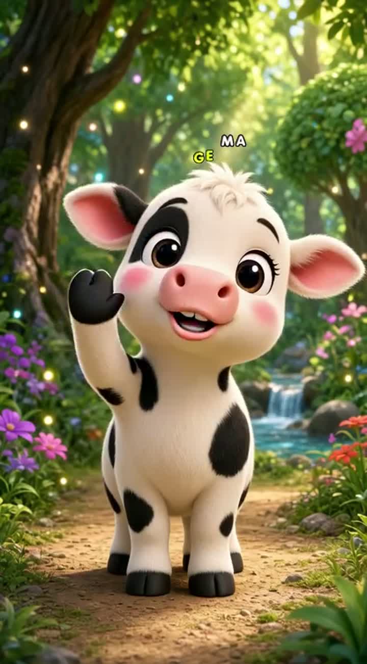 Cute 3D baby cow talking in Urdu, blinking eyes, smiling… — AI cartoon