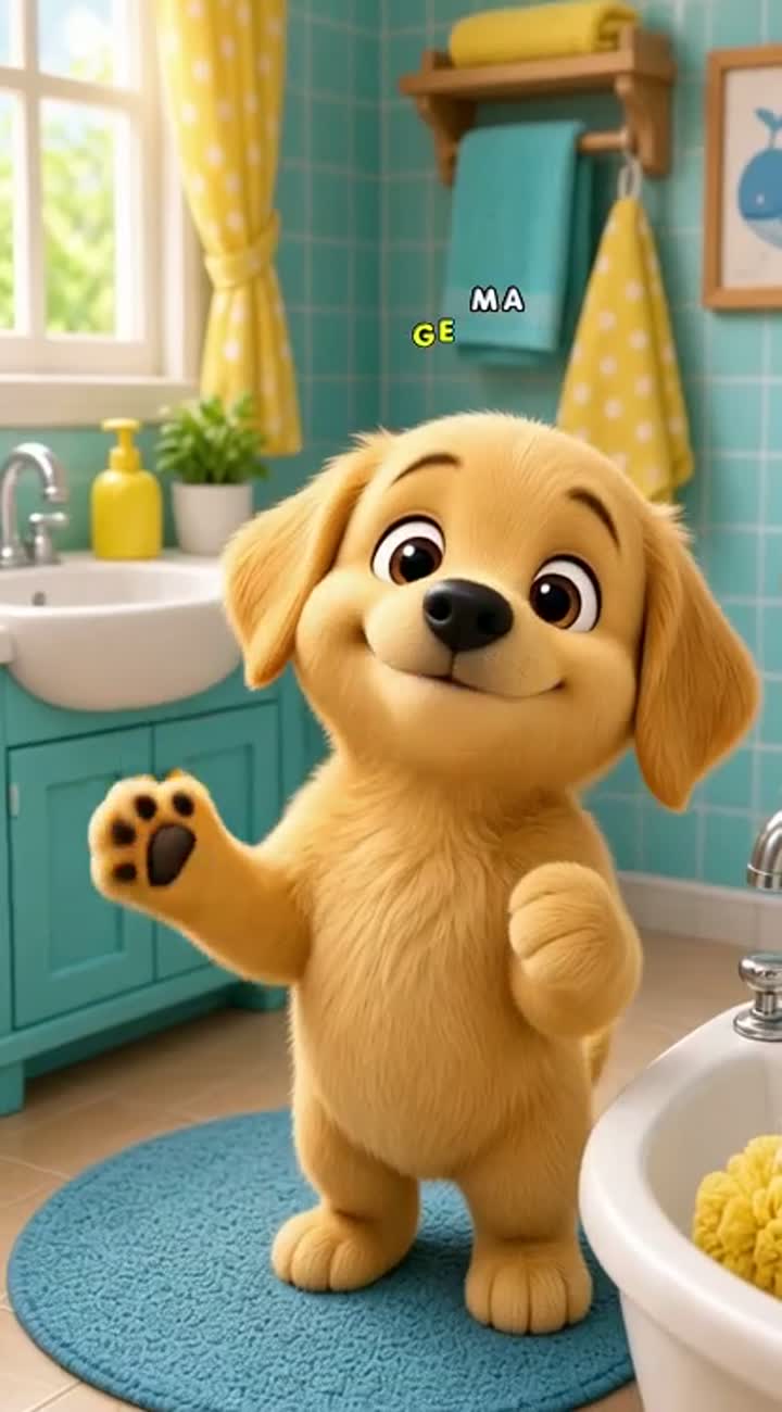 A funny little golden dog with big expressive eyes stands… — AI cartoon