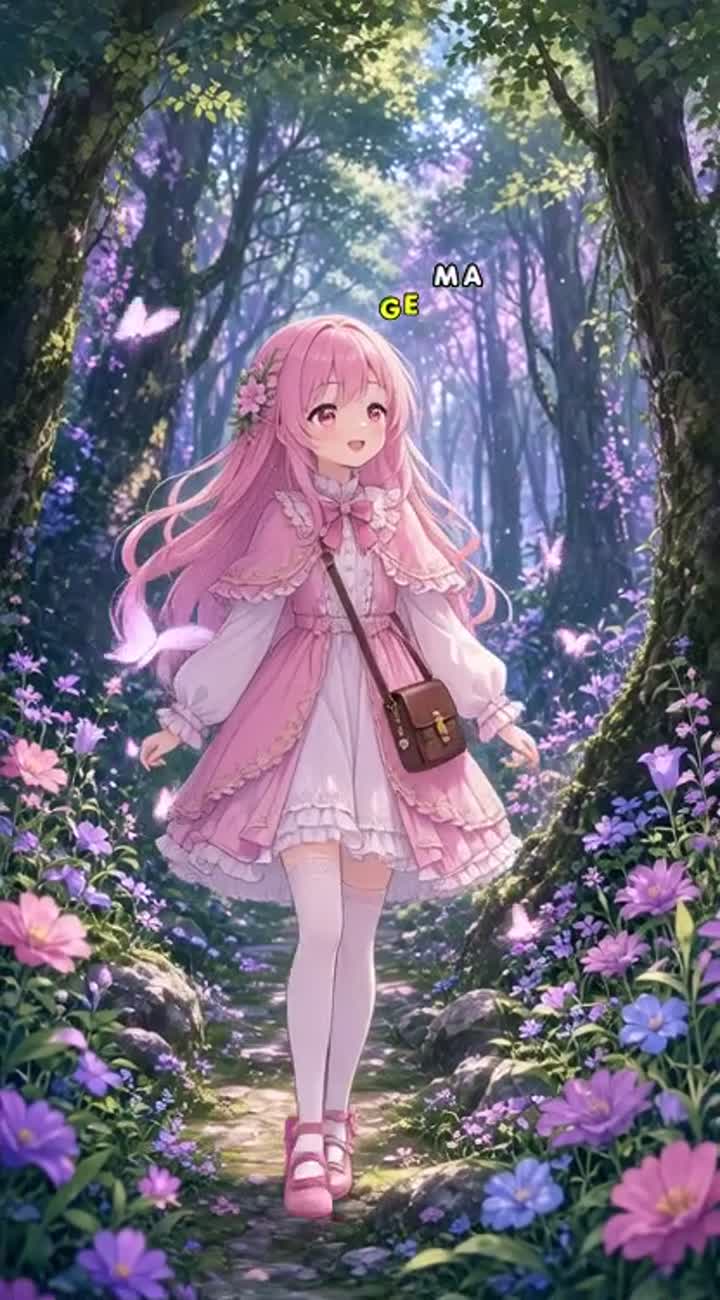 A cute anime girl with long pink hair walking through a magical… — AI cartoon