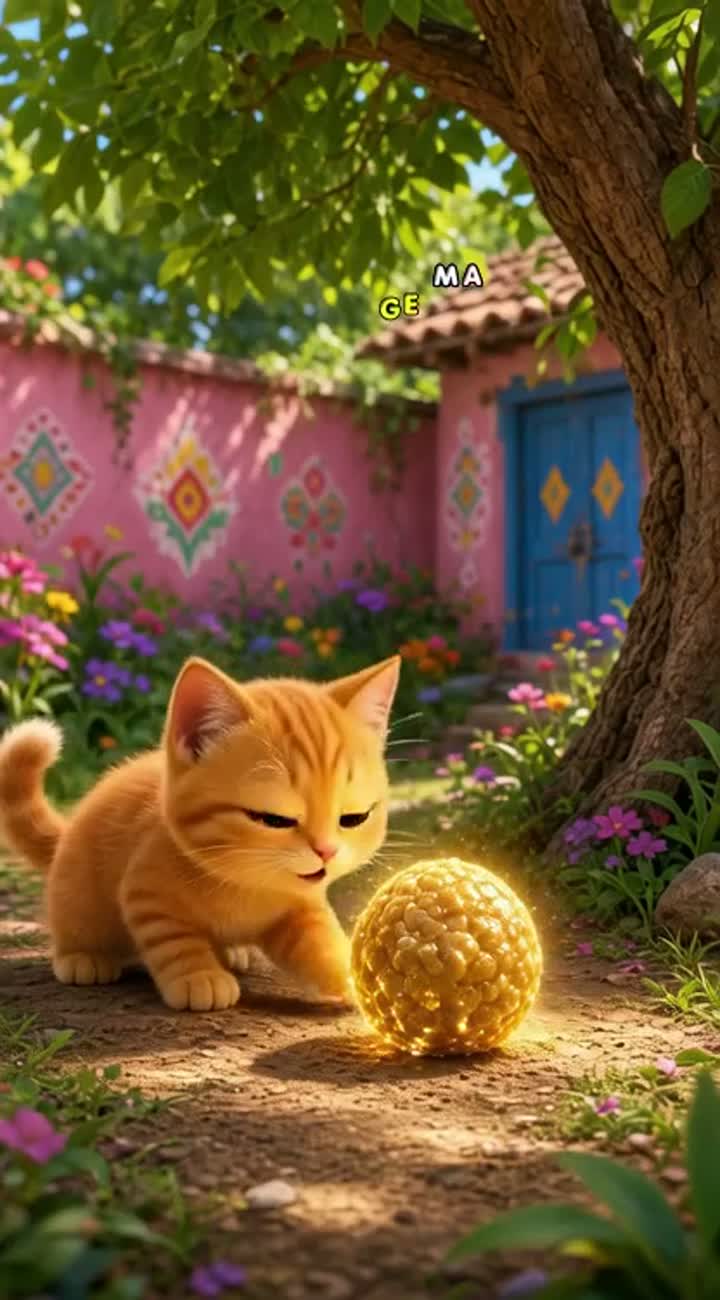 A cute orange kitten named Mitthu finds a magical golden ladoo… — AI cartoon