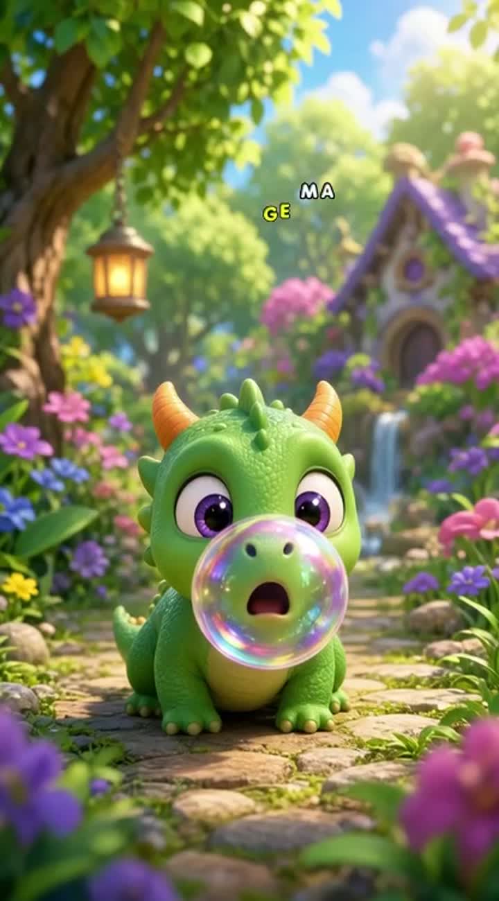 A cute tiny green baby dragon with purple eyes and little orange… — AI cartoon
