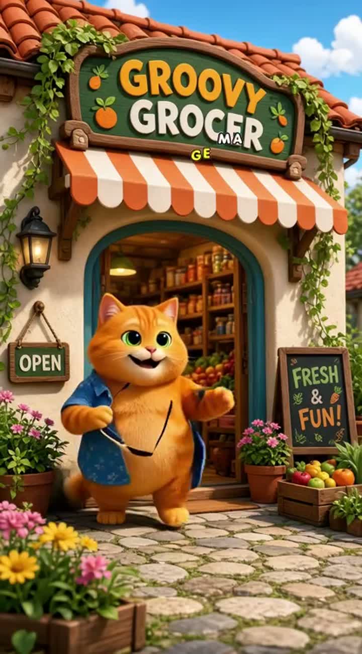 Funny 3D cartoon animation of a cute chubby orange cat wearing… — AI cartoon
