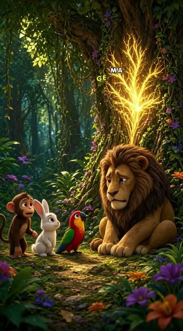 A vibrant, colourful animated cartoon set in a dense, lush forest… — AI cartoon