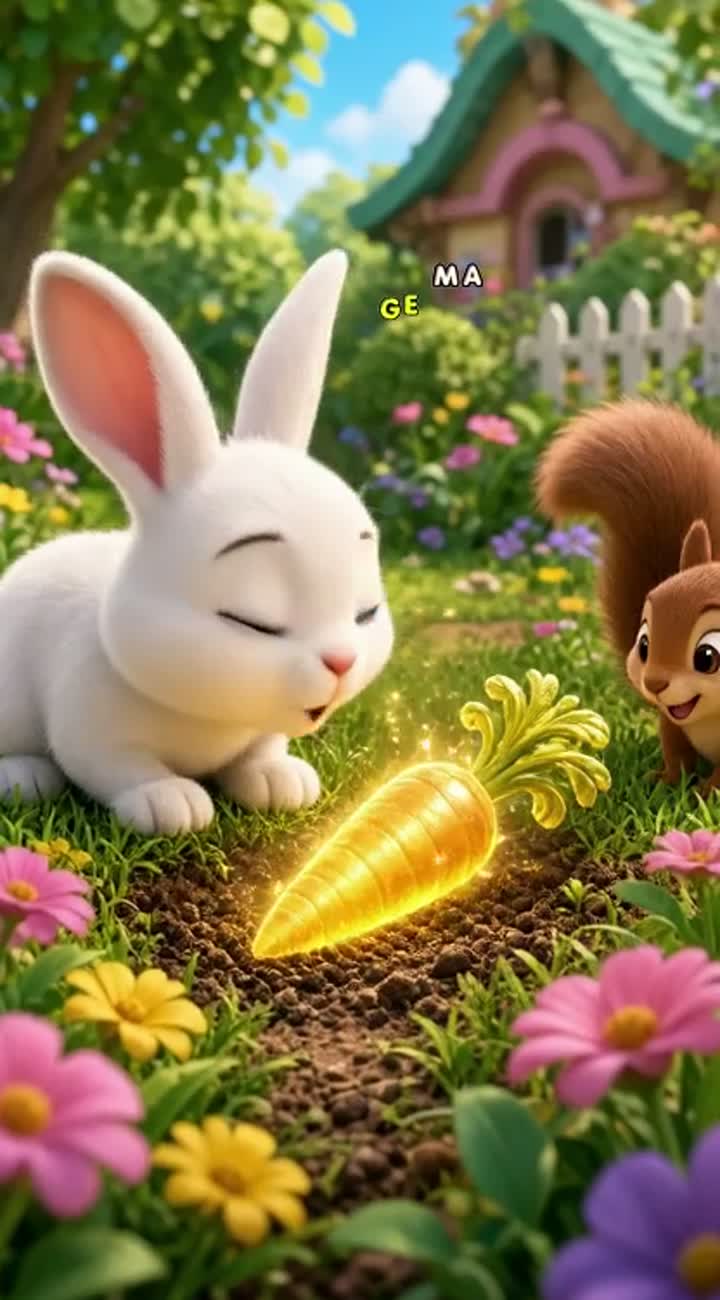 A little white rabbit with big expressive eyes discovers a magical… — AI cartoon