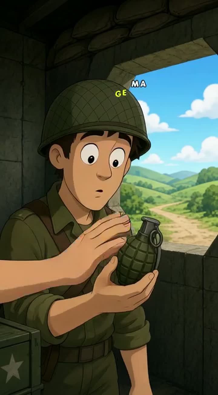 A soldier gets handed a grenade he pulls the trigger and confetti… — AI cartoon