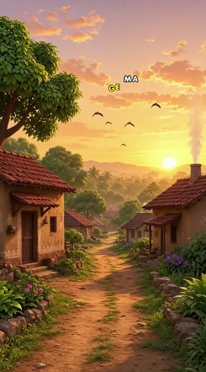 A peaceful Indian village at sunrise — AI cartoon