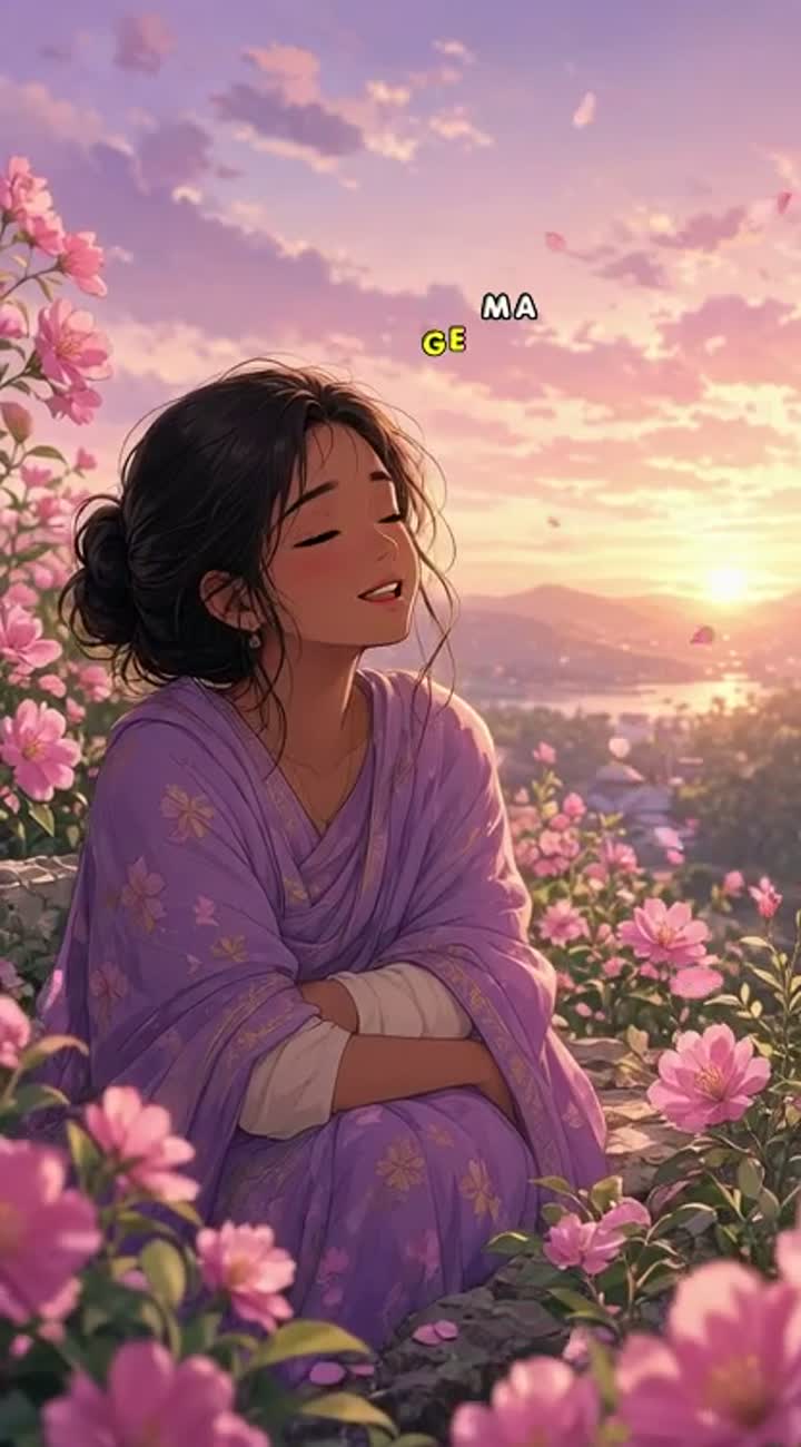 A person sits quietly in a beautiful flower-filled setting… — AI cartoon