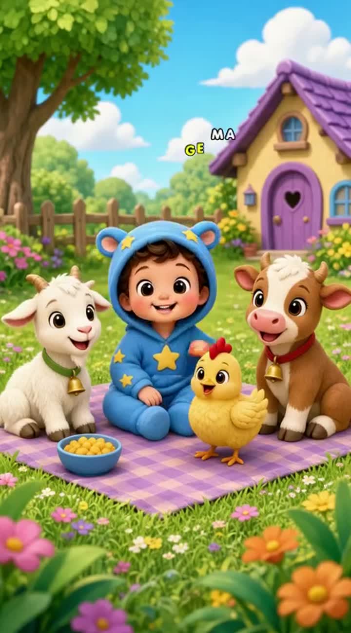 Baby Lala sits with the goat, chicken and calf after sharing… — AI cartoon
