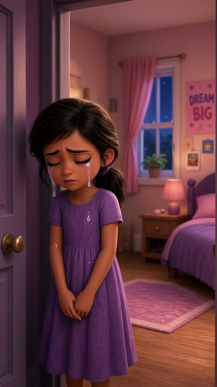 Moving 3D cartoon of Ayesha, a 10-year-old girl in a purple dress… — AI cartoon