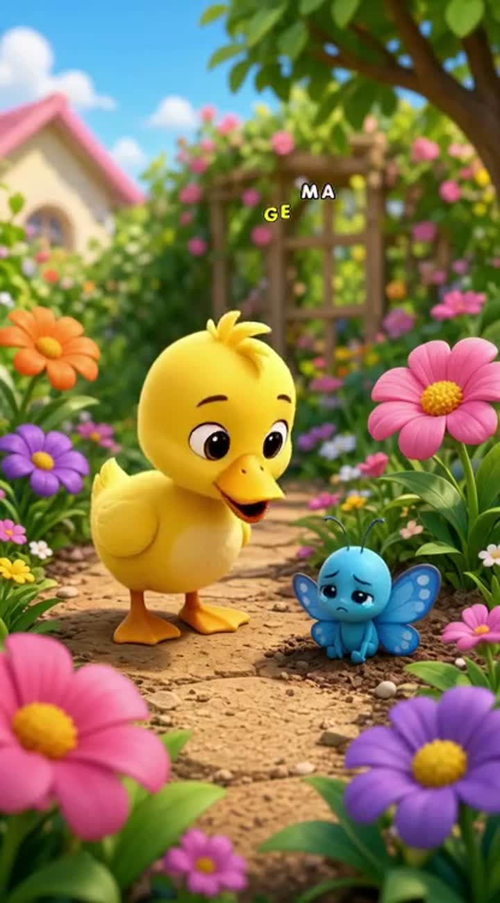 A little yellow duck named Dodo walks through a colorful garden… — AI cartoon