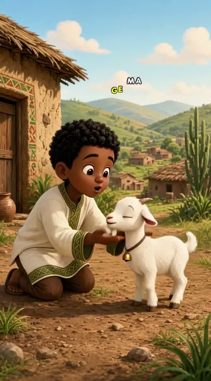 A habesha kid from Ethiopia plays with small Goat and the goat… — AI cartoon