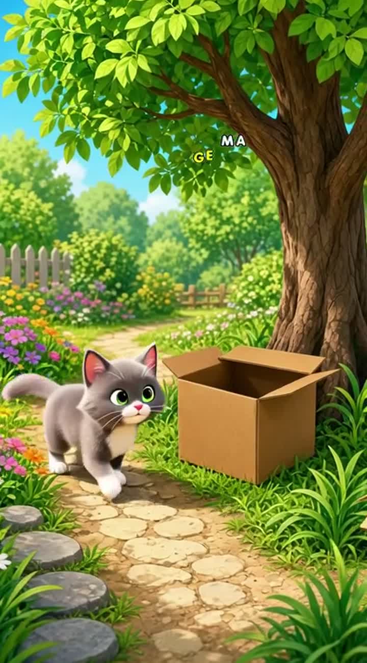 On a sunny day outdoors, the main little cat walks along a pathway… — AI cartoon