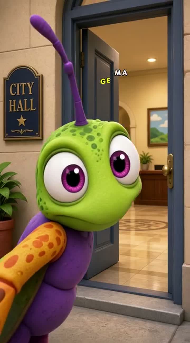 Funny 3D cartoon animation of a giant silly bug entering… — AI cartoon