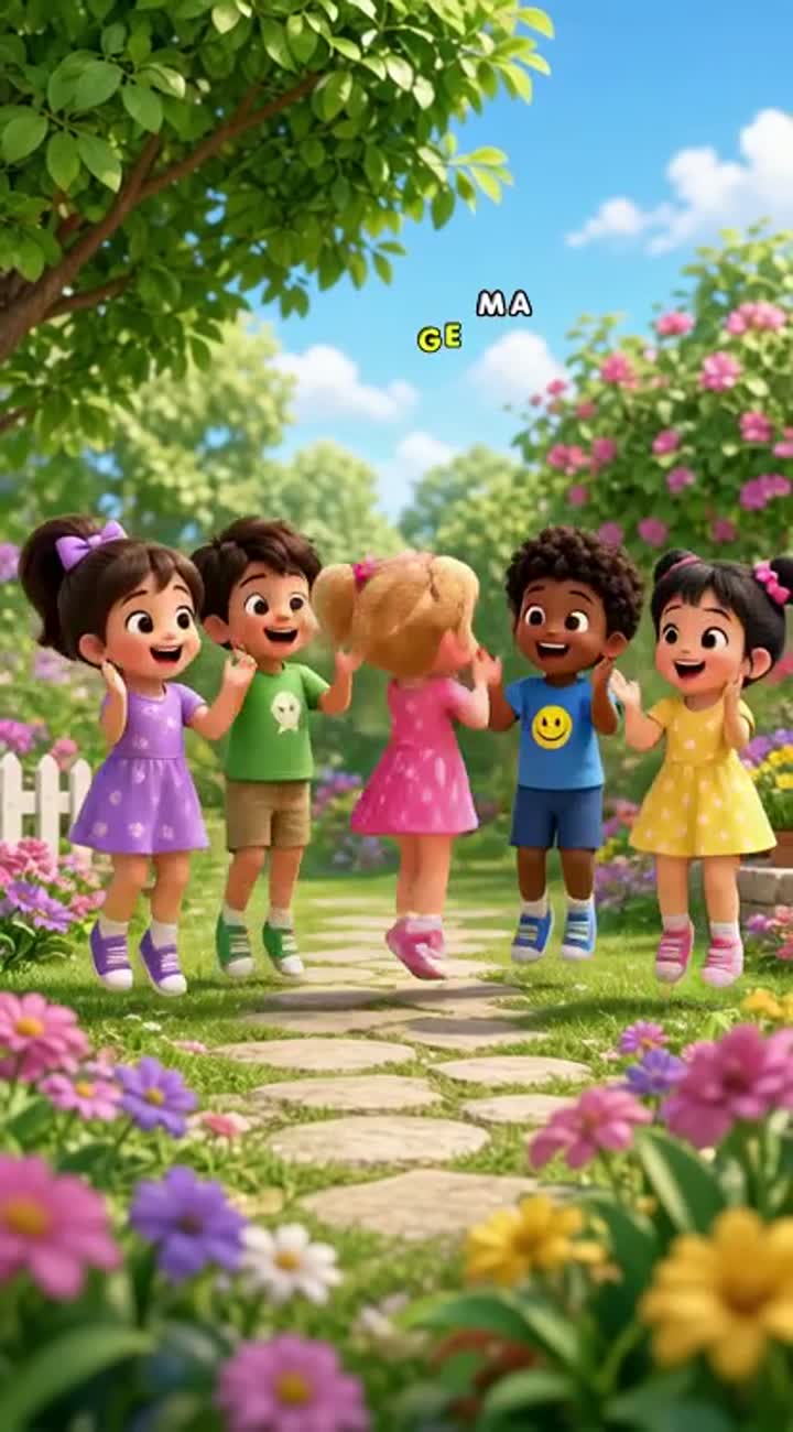 Se five cute 3D cartoon children playing and dancing happily… — AI cartoon