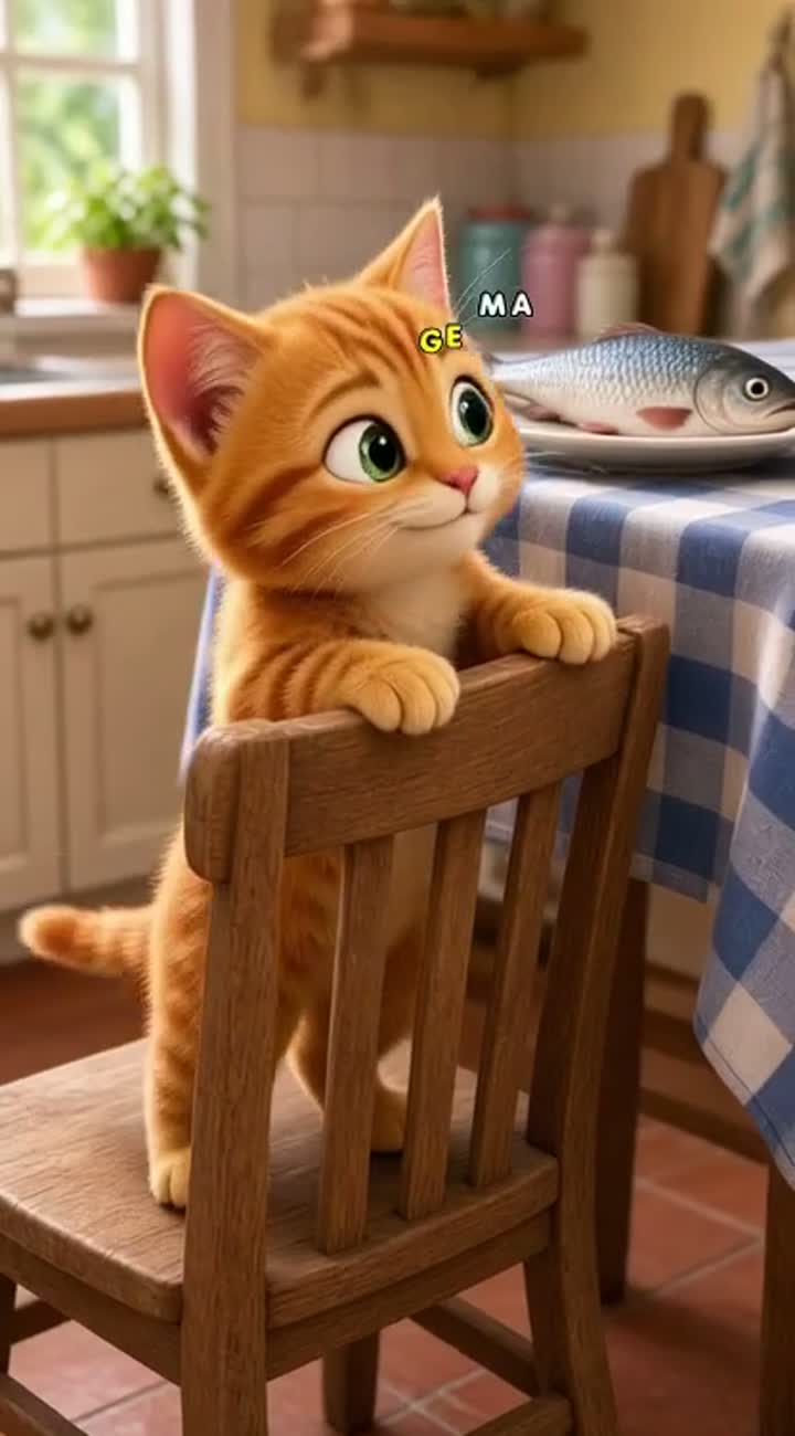 Story: Kitty sees a delicious fish on the kitchen table — AI cartoon