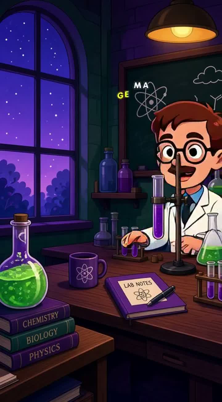 Scientist, Have him say " Something is brewing in my laboratory… — AI cartoon