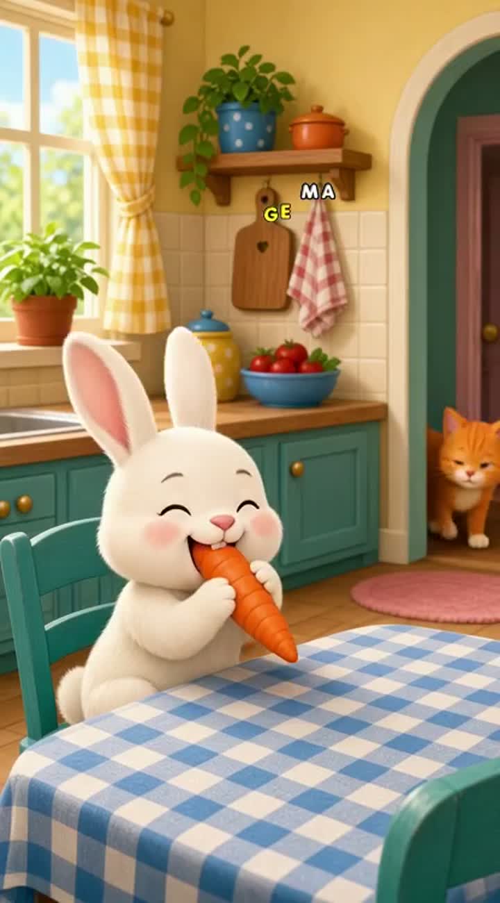 A cute little white rabbit is sitting in the kitchen… — AI cartoon