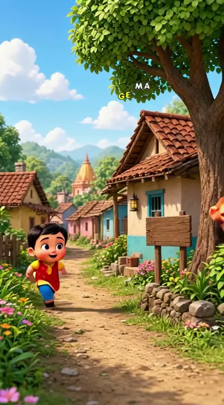 A little boy and a clever monkey in a beautiful village — AI cartoon