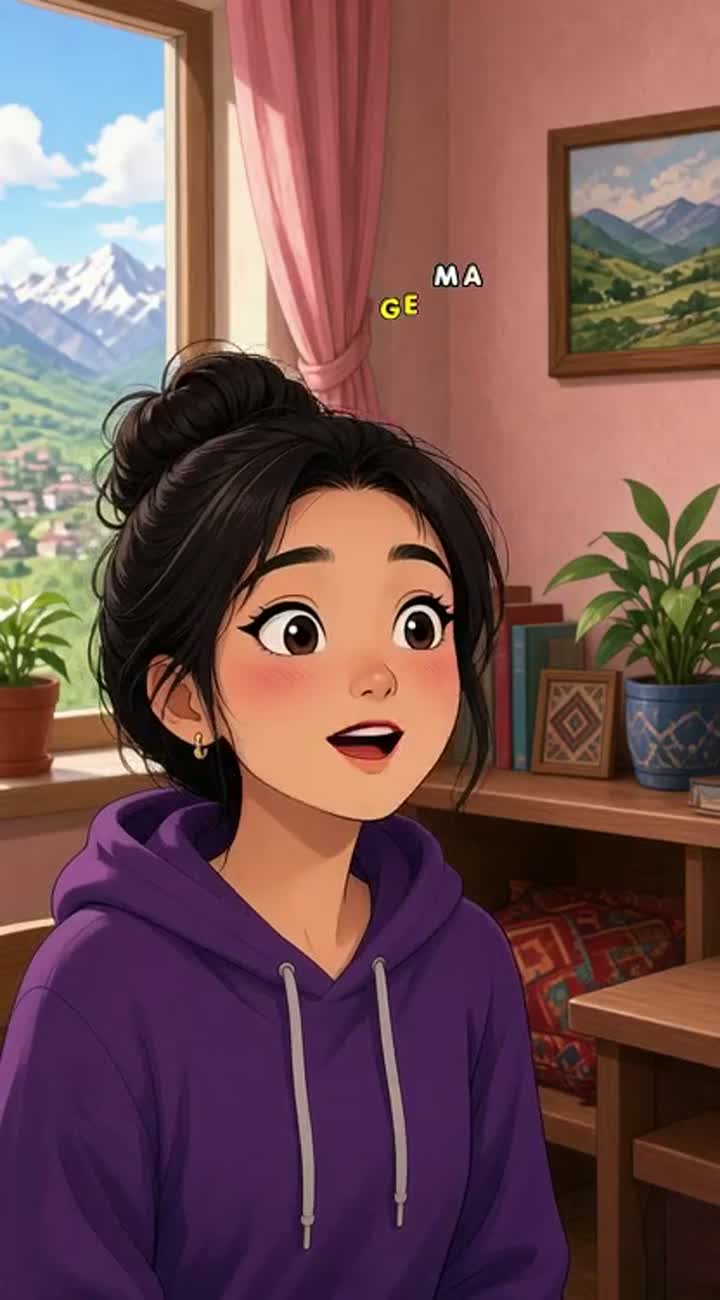 A girl with her hair tied up in a bun and winged eyeliner speaks… — AI cartoon