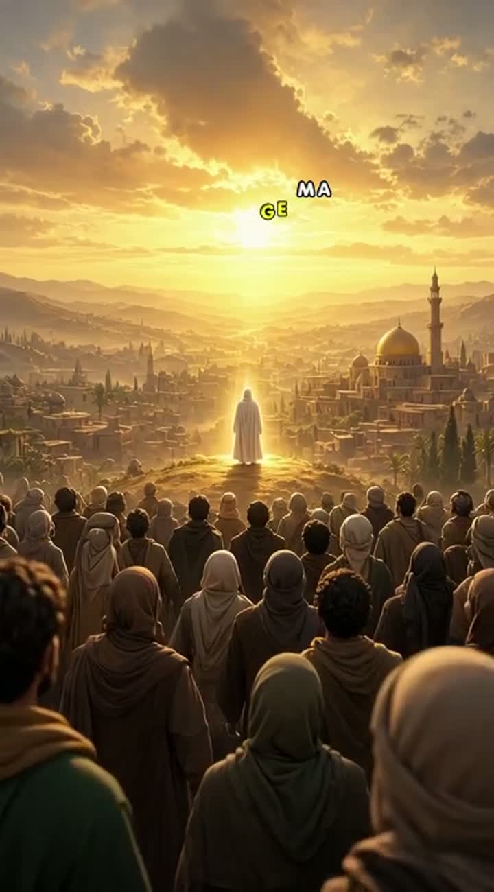 Cinematic scene of the promised reappearance of Imam Mahdi — AI cartoon