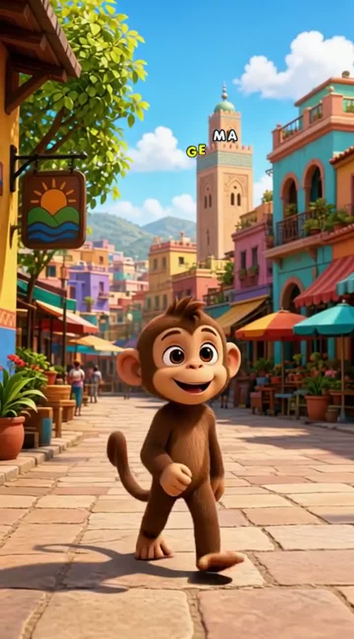 A cute 3D cartoon monkey walking through a colorful African city… — AI cartoon