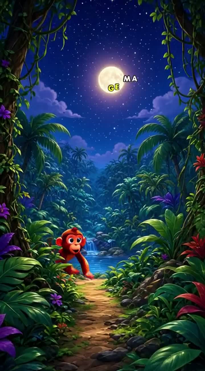 The monkey throws the moon gently into the sky — AI cartoon
