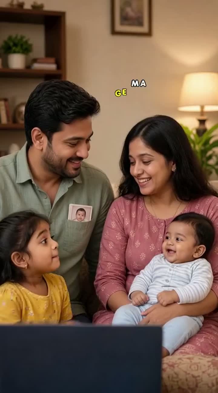Realistic vertical 9:16 video of a happy Indian family at home — AI cartoon