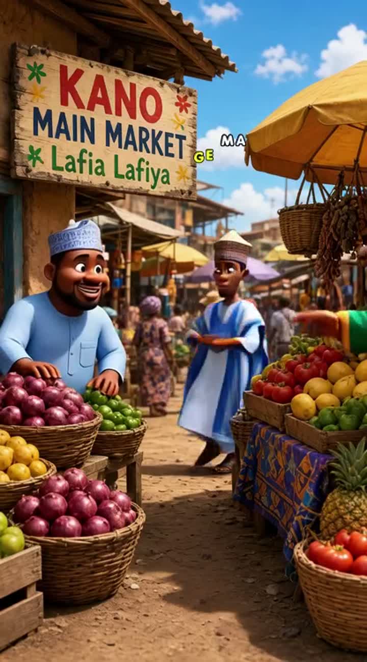 Colourful, funny 3D animated cartoon set in a lively Nigerian market — AI cartoon
