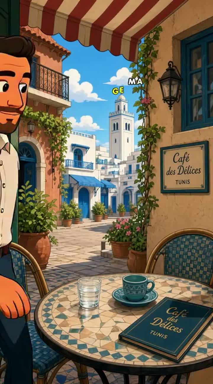 Two people sitting together at a café, chatting casually — AI cartoon
