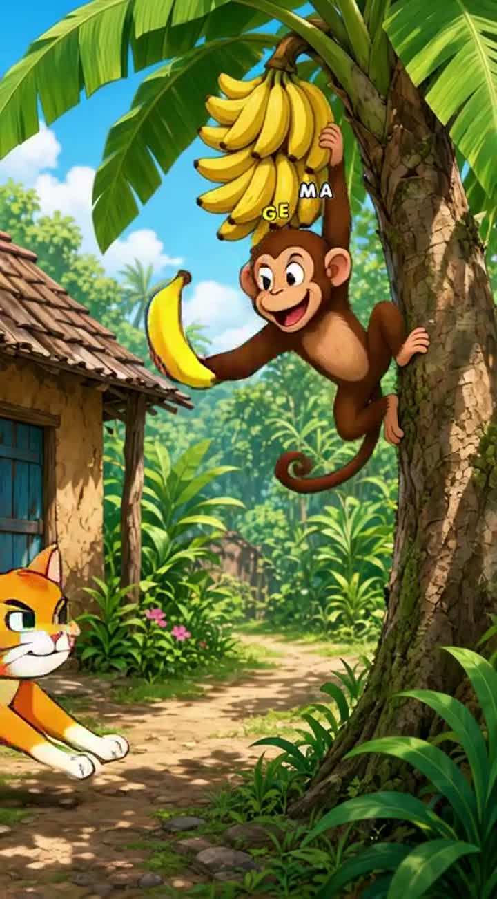 In a single continuous shot, a mischievous monkey steals a banana… — AI cartoon